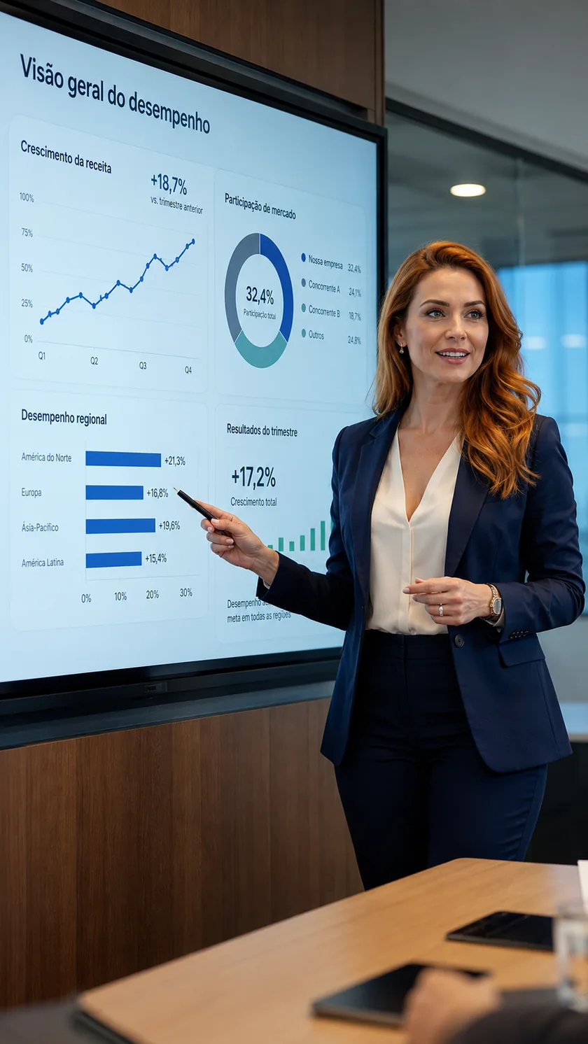 Profissional apresentando indicadores financeiros em tela durante reuniao